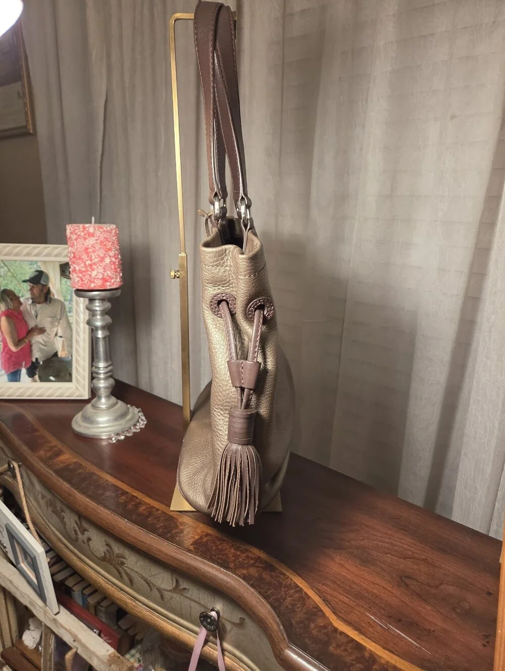 Vintage Cole Haan Bronze Pebbled Leather Drawsting Bucket Bag